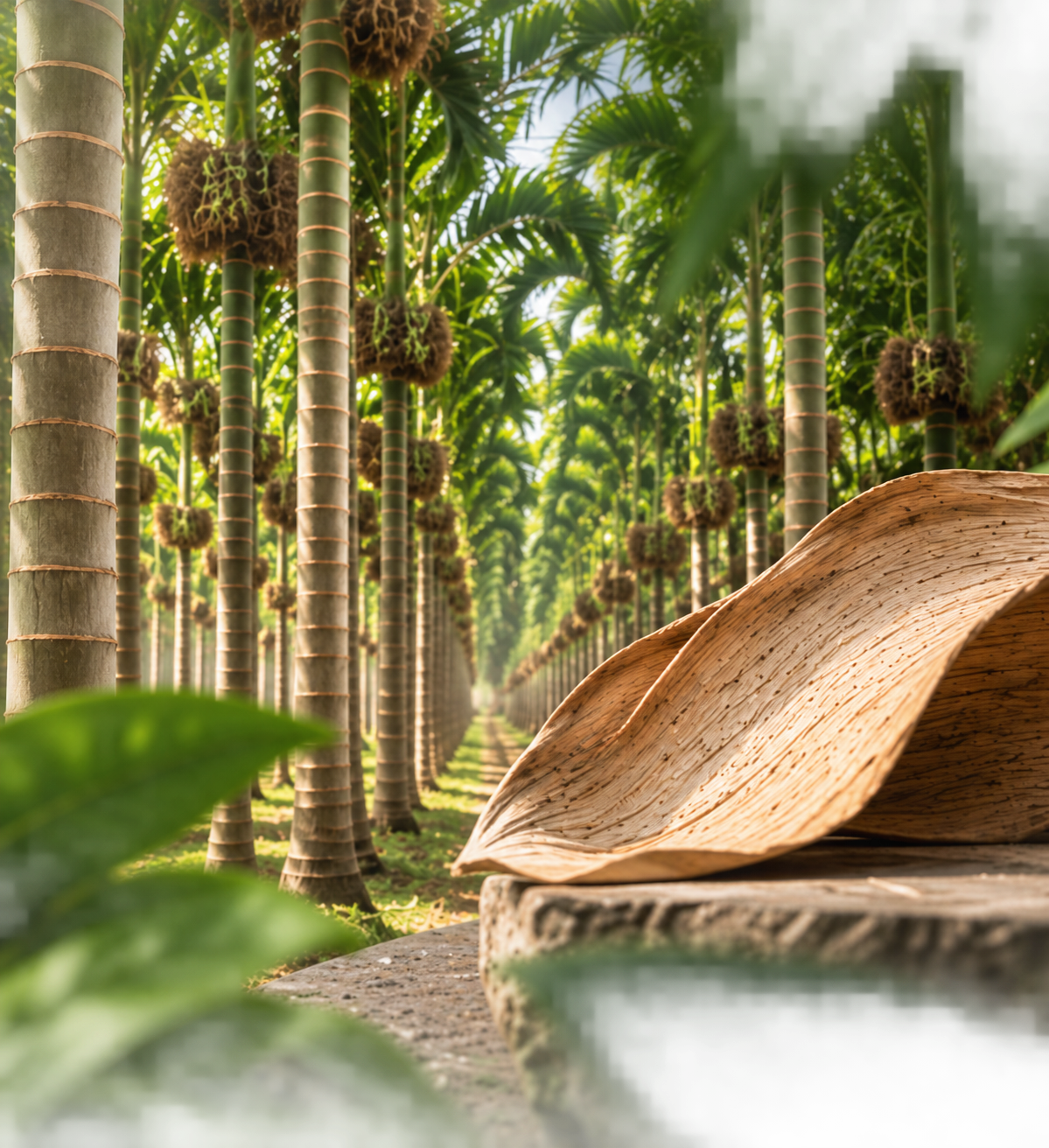 Areca palm plantation with naturally fallen sheath