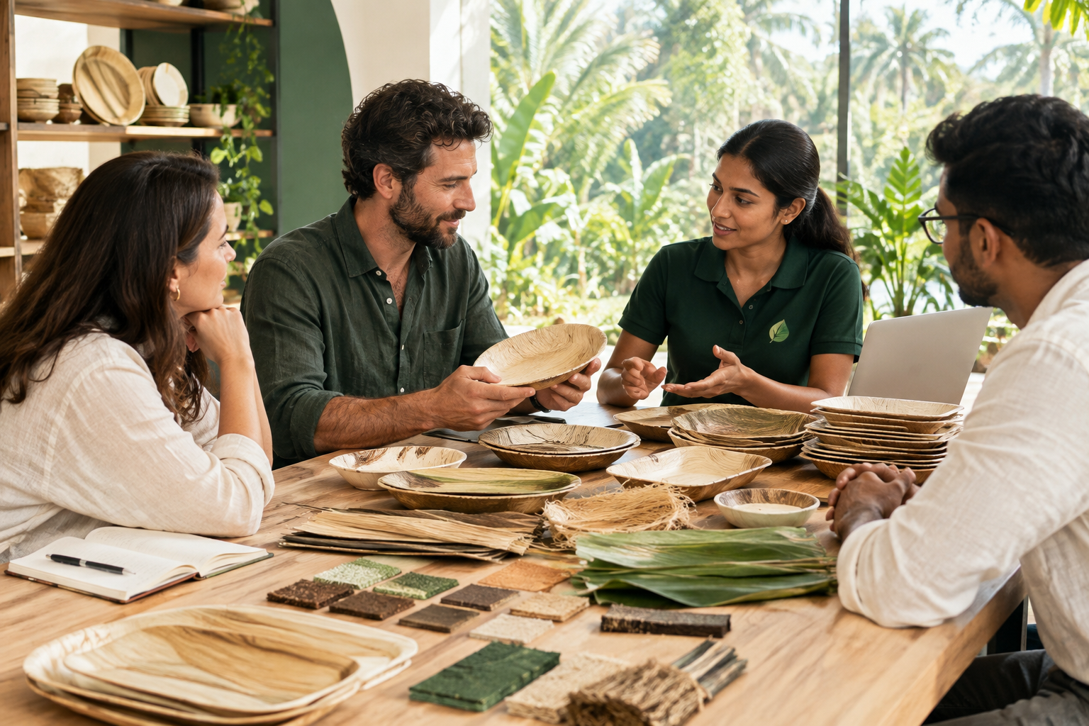 EcoSpan team meeting a buyer around natural areca tableware samples