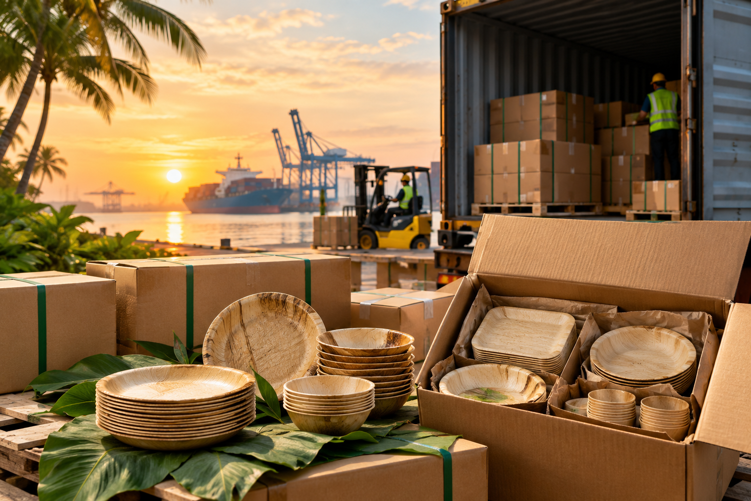 Warehouse team inspecting and packing EcoSpan areca plates into kraft cartons