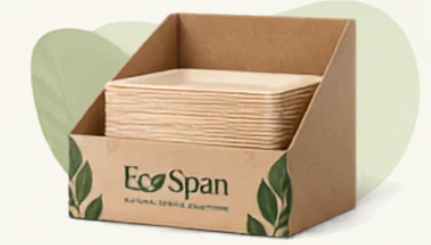 EcoSpan kraft retail shelf display box filled with stacked plates