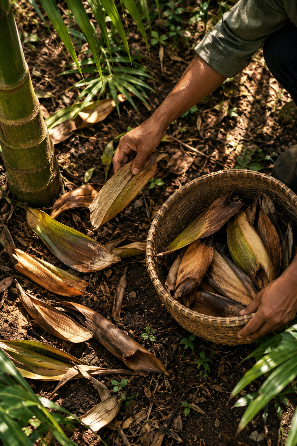 Hands gathering naturally fallen areca palm sheaths into a woven basket