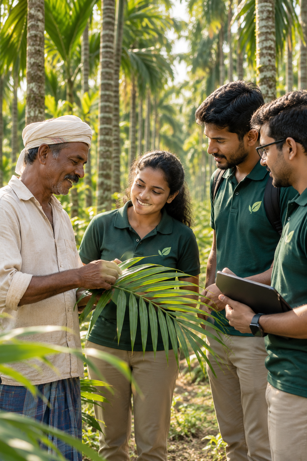 EcoSpan field team reviewing a palm frond with a farmer in an areca plantation